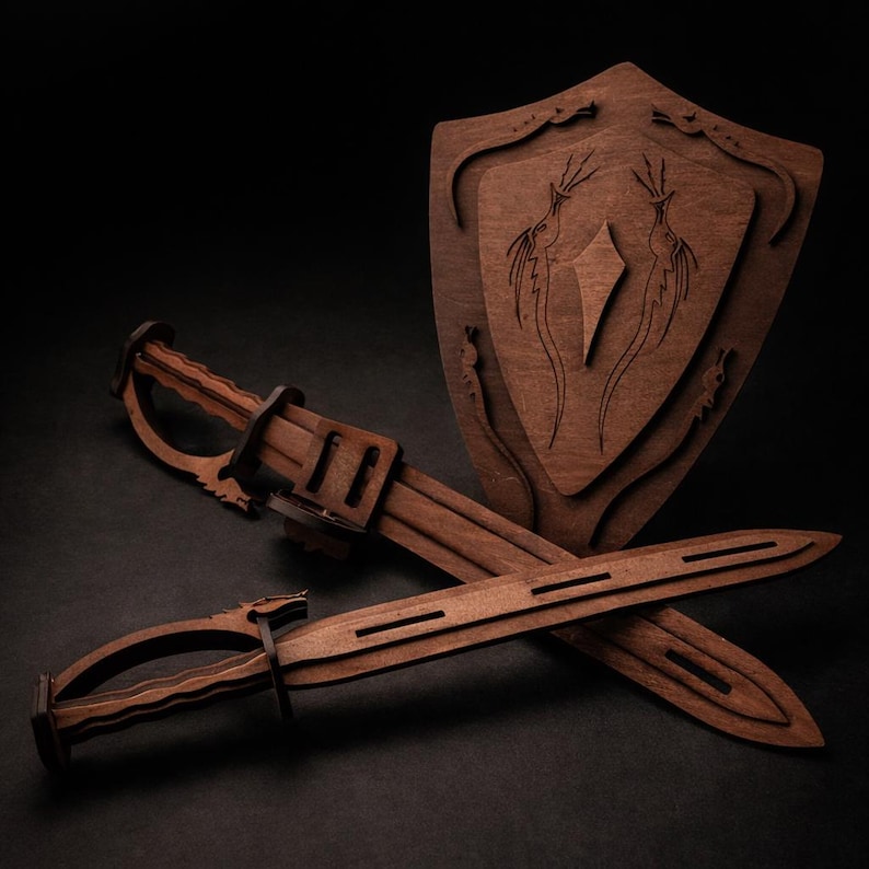 Träsvärd och sköld SVG DXf | Laserskurna CNC-filer | Medeltida leksaksvapen | Cosplay-rekvisita för barn | DIY-trähantverksdesign | Direkt nedladdning bild 2