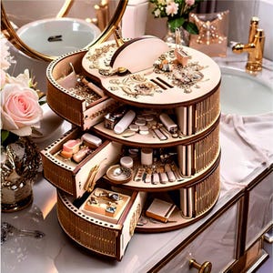 Könnte beinhalten: Eine dreistufige Schmuckschatulle aus Holz mit mehreren Schubladen und einem drehbaren Deckel. Die Schatulle ist hellbraun mit goldenen Akzenten und enthält verschiedene Schmuckstücke und Kosmetika. Die Oberseite ist mit aufwendigen floralen Designs verziert.