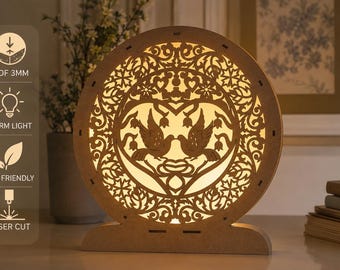 Romantic Bird Wooden Night Light SVG | Laser Cut MDf Lamp | LED Shadow Light Decor | Wedding Gift Digital File DXf PDF Cricut Glowforge