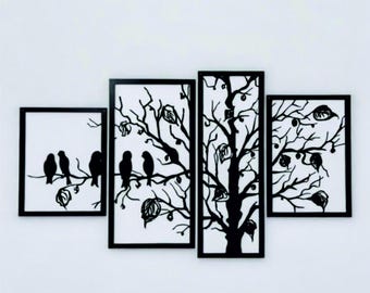 Laser-cut artistic wall decoration: tree and birds, set of 4 pieces