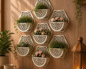 Boho Wall Planter SVG – Laser Cut Flower Pot Holder – MDF Wall Decor – Hexagon Hanging Planter – Glowforge DXf PDf SVG Files