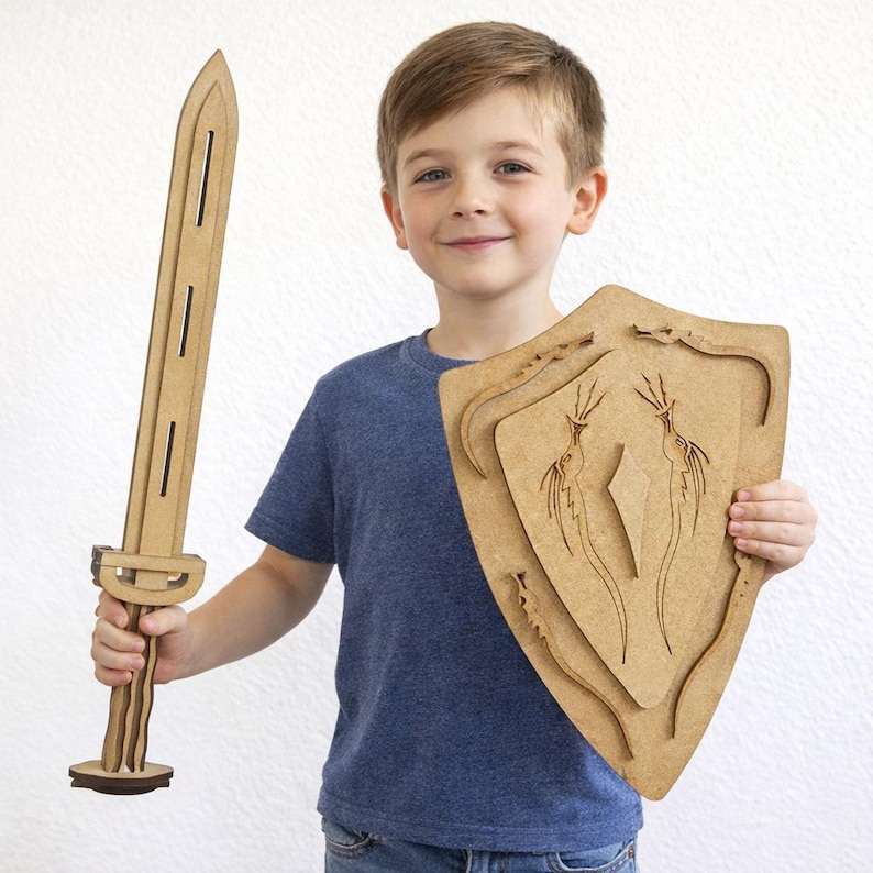 Träsvärd och sköld SVG DXf | Laserskurna CNC-filer | Medeltida leksaksvapen | Cosplay-rekvisita för barn | DIY-trähantverksdesign | Direkt nedladdning bild 5