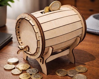 Wooden Barrel-Style Money Box DXF – Handmade, Ideal for Decoration PDF - Digital Download