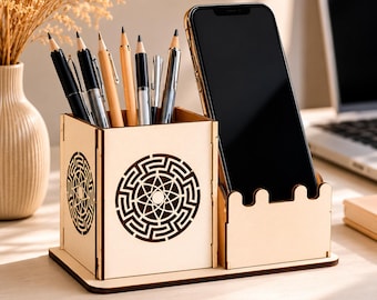 Wooden Desk Organizer SVG | Laser Cut Phone Stand & Pen Holder DXF | MDF Desk Organizer Glowforge File