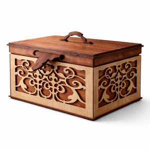 May include: A rectangular wooden box with a dark brown lid and a lighter brown body. The box features intricate cut-out designs on the sides and a handle on top. A wooden latch secures the lid. The box is likely used for storage.
