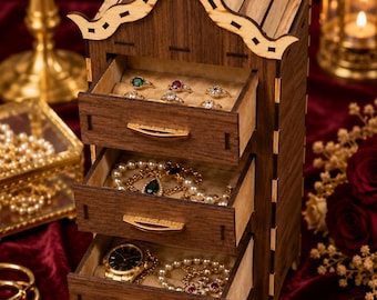 Luxury Wooden Jewelry Organizer Box with Drawers | Laser Cut MDF Jewelry Storage Cabinet | Vanity Decor Gift for Women | SVG DXF PDF File