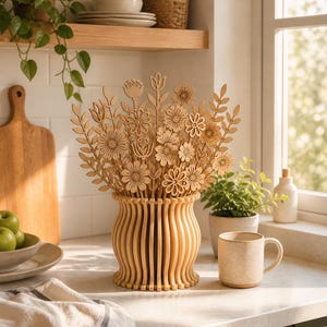 Könnte beinhalten: Eine Holzvase mit einem Blumenarrangement. Die Vase besteht aus vertikalen Holzlatten, und die Blumen sind aufwendig aus Holz geschnitten. Das Arrangement umfasst verschiedene Blumen- und Blattformen. Die Vase und die Blumen sind hellbraun.