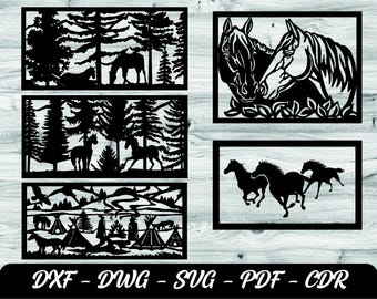 5 Horse Panels DXF, laser cutting files, CNC horse cutting file, panels for CNC plasma cutting