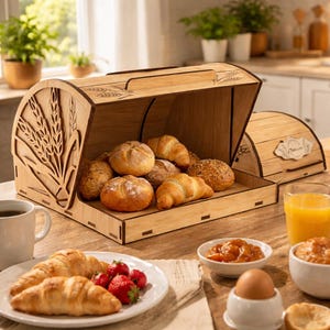 Laser Cut Bread Box SVG File | Decorative Wooden Bread Bin | Roll Top Bread Basket Template for Glowforge & CNC | DXF Digital Download