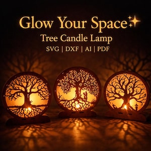 Op de afbeelding: Drie houten boomkaarslampen met ingewikkelde boomontwerpen. De lampen zijn cirkelvormig en stralen een warm, gloeiend licht uit. De tekst "Glow Your Space" en "Tree Candle Lamp" staan bovenaan.