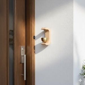Peut inclure: Une cloche murale en bois avec un bol en laiton. La cloche est fixée à un support en bois incurvé. La porte et le mur sont de couleur claire, et la cloche est fixée au mur. La cloche est un objet décoratif.