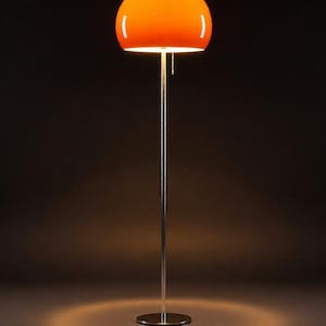 May include: A modern floor lamp with a bright orange, rounded lampshade. The lamp has a slender, chrome-colored pole and a circular base. The lamp is lit, casting a warm glow on the dark background.