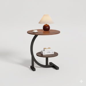 Puede incluir: Una mesa auxiliar de dos niveles con acabado de madera oscura y estructura de metal negro. El nivel superior tiene una pequeña lámpara con pantalla plisada y base roja oscura, una taza blanca pequeña y un objeto decorativo rojo oscuro.