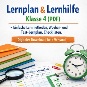 Peut inclure: Image promotionnelle de matériel pédagogique : livres, loupe, réveil vert et planificateur hebdomadaire. Le texte indique "Lernplan & Lernhilfe Klasse 4 (PDF)" et "Digitaler Download". Fond blanc.