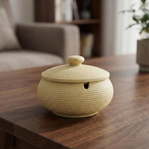 Kiln-Glazed Ceramic Ashtray with Lid, Windproof Pottery Ash Holder,Handmade Rustic Home Decor, Outdoor Smoking Gift, Unique Office Accessory