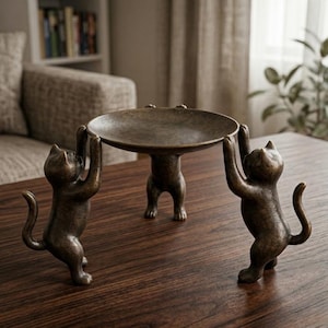 Askfat i brons med katt, handskuren kopparfigur av zodiakkatt, djurskulptur i vintagestil, unik skrivbordsdekoration, röktillbehör i metall