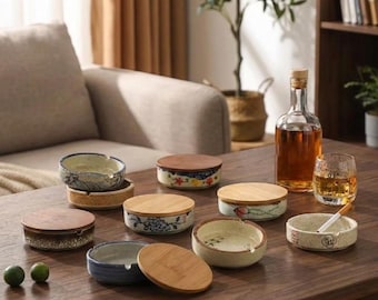 Posacenere rotondo in ceramica retrò con coperchio, raccoglicenere da tavolo antivento, decorazione per la casa in veranda, ornamento vintage per riporre oggetti, regalo unico per fumatori