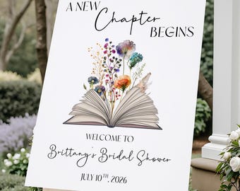 A New Chapter Begins Bridal Shower Welcome Sign Template, Editable Wildflower Boho Floral Book Brunch Poster, Canva Instant Digital Download