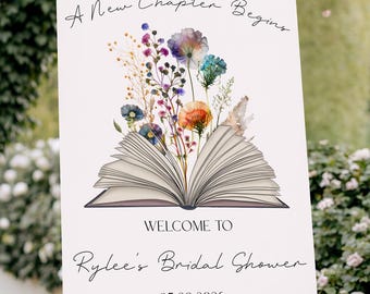 Book Bridal Shower Welcome Sign Template, Editable A New Chapter Begins Poster, Canva Instant Digital Download