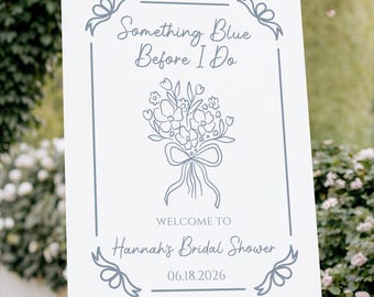 "Something Blue Before I Do" - Modello di cartello di benvenuto per addio al nubilato, poster minimalista blu polvere modificabile e stampabile, download digitale Canva