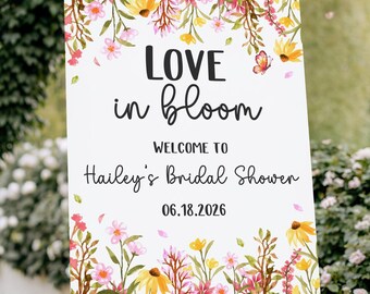 Love is in Bloom vrijgezellenfeest welkomstbordsjabloon, bewerkbare wilde bloemenbrunchposter, canva instant digitale download