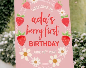 Vorlage für ein Willkommensschild zum ersten Geburtstag mit Erdbeermotiv, bearbeitbares Poster für die erste Party eines Mädchens, sofortiger digitaler Download für Canva