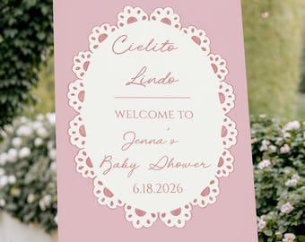 Cielito Lindo Baby Shower Modello di cartello di benvenuto, Poster modificabile Pink Girl Papel Picado Talavera Sprinkle, Download digitale istantaneo