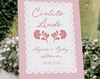 Cielito Lindo - Modello di cartello di benvenuto per baby shower, poster stampabile rosa con papel picado e decorazioni in talare, download digitale istantaneo da Canva
