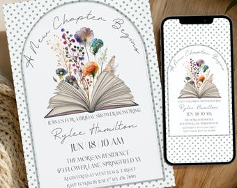 Book Bridal Shower Invitation Template, Editable Printable A New Chapter Begins Invite, Canva Instant Digital Download