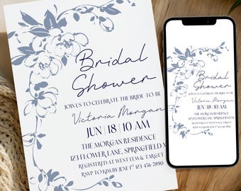 Something Blue Before I Do Bridal Shower Invitation Template, Printable Dusty Minimalist Boho Floral Invite, Canva Instant Digital Download