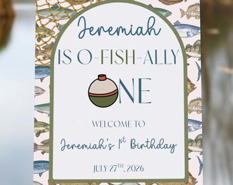 Ofishally One Birthday Willkommensschild-Vorlage, Bearbeitbar O Fish Ally One Erster Geburtstagsschild, Junge 1. Geburtstag Angeln Geburtstagsparty-Dekor