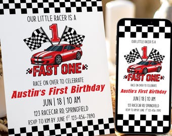 Fast One Geburtstagseinladung Vorlage, Vintage Rennwagen Geburtstagseinladung, Roter erster Geburtstag Junge 1. Geburtstag, digitaler Download