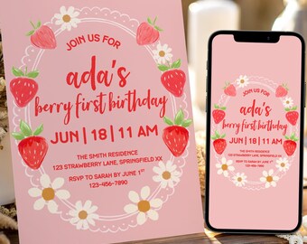 Vorlage für eine Einladung zum ersten Geburtstag mit Beerenmotiv, bearbeitbare und druckbare Einladung zur Erdbeerparty für Mädchen, sofortiger digitaler Download für Canva