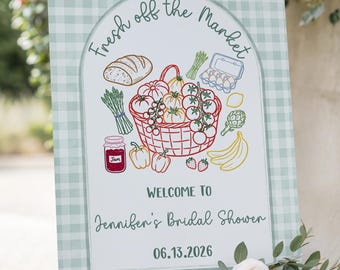 Fresh off the Market Bridal Shower Welcome Sign Template, Editable Printable Sage Green Gingham Farmers Poster, Canva Digital Download
