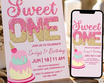 Vorlage für eine Einladung zum ersten Geburtstag eines Mädchens, bearbeitbar und druckbar, rosafarbene Einladung zum ersten Geburtstag, Canva-Sofort-Download
