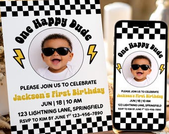 Zaproszenie na pierwsze urodziny „One Happy Dude” ze zdjęciem, żółte zdjęcie, zaproszenie na pierwsze urodziny „One Cool Dude”, szablon cyfrowy na Canva z okazji pierwszych urodzin chłopca