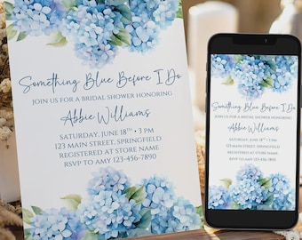 「Something Blue Before I Do」ブライダルシャワー招待状テンプレート、編集・印刷可能なアジサイブランチ招待状、Canvaインスタントデジタルダウンロード