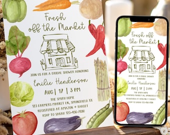 市場直送のブライダルシャワー招待状テンプレート、編集・印刷可能なセージグリーンの農産物農家向け招待状、Canvaインスタントデジタルダウンロード