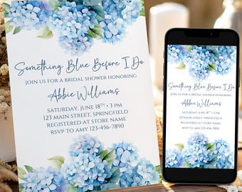 Invito per addio al nubilato "Something Blue Before I Do", modello modificabile e stampabile per brunch con ortensie, download digitale immediato da Canva.