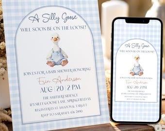 Einladungsvorlage für eine Babyparty mit Gänsemotiv, bearbeitbar, blau-weiß kariert, sofort digitaler Download