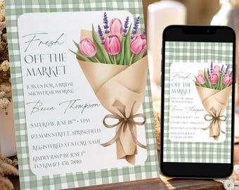 Fresh off the Market Bridal Shower Invitation Template, Editable Printable Sage Green Gingham Floral Invite, Canva Instant Digital Download