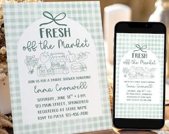 Vers van de markt sjabloon uitnodiging vrijgezellenfeest, bewerkbare afdrukbare salie groene pastel boerenbrunch Evite, instant digitale download