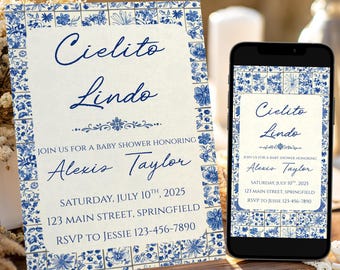 Modello di invito per baby shower Cielito Lindo, modello modificabile stampabile Blue Boy Papel Picado Talavera Sprinkle Evite, download digitale istantaneo