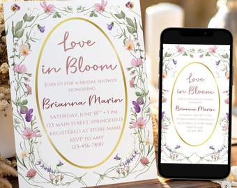Love is in Bloom Bridal Shower Invitation Template, Printable Whimsical Wildflower Floral Brunch Invite, Canva Instant Digital Download