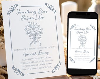 Something Blue Before I Do Bridal Shower Invitation Template, Editable Printable Minimalist Dusty Blue Floral Invite, Canva Digital Download