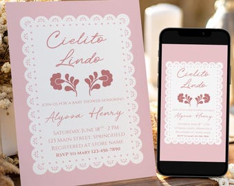 Modello di invito per baby shower Cielito Lindo, modificabile stampabile rosa Papel Picado Talavera Girl Sprinkle Evite, download digitale istantaneo