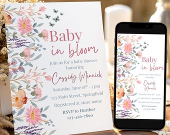 Invito per baby shower "Baby in Bloom", con fiori selvatici, farfalle, design neutro e decorazioni con coriandoli, download digitale immediato da Canva.