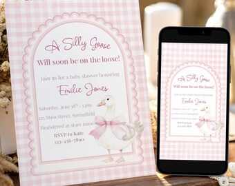 Silly Goose babyshower uitnodiging sjabloon, bewerkbare afdrukbare roze pastel meisje strooi uitnodigen Evite, Canva instant digitale download