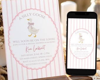 Invito per baby shower a tema Silly Goose, modello modificabile e stampabile per un'incantevole festa rosa per bambina, download digitale immediato da Canva.