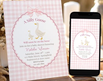 Invito per baby shower a tema oche buffe, stampabile e modificabile con motivo a quadretti rosa "Is Almost Loose Girl Sprinkle", download digitale immediato.